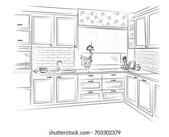 Hand drawn kitchen interior sketch design. Vector illustration