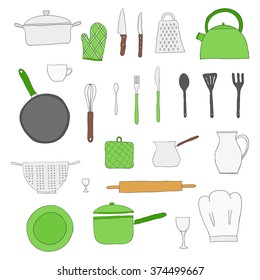 Hand drawn kitchen items isolated on white background. Teapot, chef hat, spoon, spatula, knife, bowl, grater, saucepan, plate, colander, potholder.