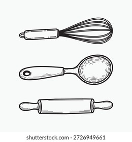 Hand Drawn Kitchen Object Outline Illustration.
