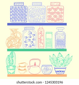 hand drawn kitchen or pantry shelves with goods for your design. Rustic style kitchen.  