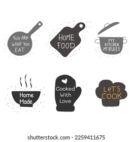 Hand drawn kitchen posters set. Quotes and funny sayings about cooking food. Wall decor art prints collection. Kitchenware monochrome set. Vector vintage illustration. 