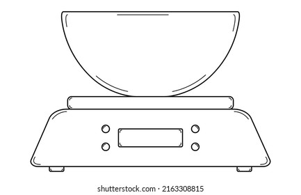 Handgezeichnete Küchenwaage. Werkzeug zur Messung des Gewichts der Zutaten beim Kochen. Doodle-Stil. Skizze. Vektorgrafik