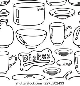 Hand drawn kitchen seamless doodle pattern, cafe or house template design. Restaurant wall doodle.