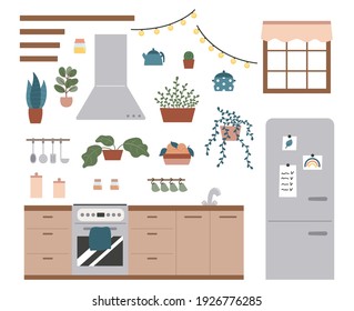 Hand drawn kitchen set with furniture, plants and decorations. Trendy pastel colors. Doodle icons for cooking, bakery, cafe and  restaurant.
