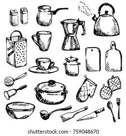 Hand drawn Kitchen Set. Kitchenware, cookware. Sketch, vector illustration.