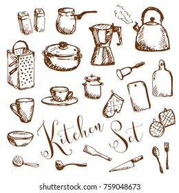 Hand drawn Kitchen Set. Kitchenware, cookware. Sketch, vector illustration.