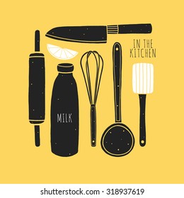 Hand drawn kitchen set of utensils. Vector elements for kitchen design. Cooking tools. In the kitchen 