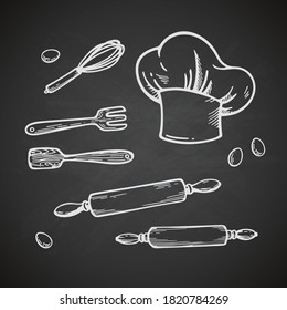 Hand drawn kitchen set. Vector illustration isolated on chalkboard background. Collection of kitchen stuff: chef hat, wooden sparula and fork, culinary whisk and rolling pins. 