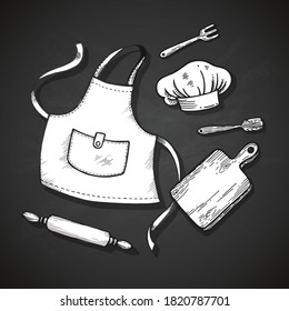 Hand drawn kitchen set. Vector illustration isolated on gray background. Collection of kitchen stuff: chef hat, apron, rolling pin, cutting board, culinary whisk, wooden spatula and fork.