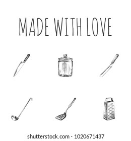 Hand drawn kitchen sketches set. Collection of blade, kitchen shovel, container and other sketch elements.