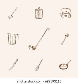 Hand Drawn Kitchen Sketches Set. Collection Of Kitchen Shovel, Soup Spoon, Colander Sketch Elements.