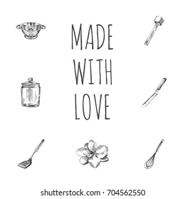 Hand Drawn Kitchen Sketches Set. Collection Of Container, Spatula, Sieve And Other Sketch Elements.