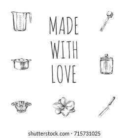 Hand Drawn Kitchen Sketches Set. Collection Of Measurement, Container, Kitchen Shovel And Other Sketch Elements.