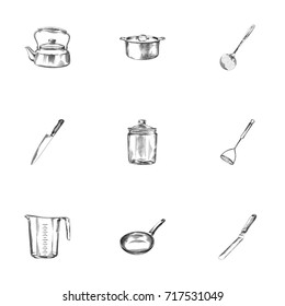 Hand Drawn Kitchen Sketches Set. Collection Of Container, Blade, Skillet And Other Sketch Elements.