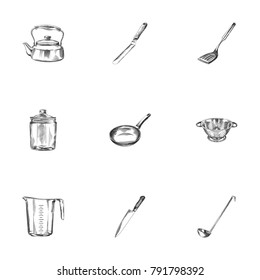 Hand Drawn Kitchen Sketches Set. Collection Of Blade, Skillet, Spatula And Other Sketch Elements.