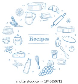 Hand drawn kitchen stuff, dairy and bakery products, vegetables, food ingredients. Recipe book template, restaurant menu icons, shavuot banner frame concept. Vector illustration.