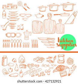 Hand drawn kitchen supplies and food, vector illustration