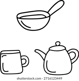 Utensilios de cocina y té dibujados a mano, concepto de cocina casera