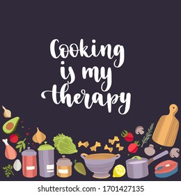 Hand drawn kitchen tools and healthy food with handwritten lettering cooking quote. Food preparation and brush ink calligraphy. Vector illustration in flat style isolated on black background.