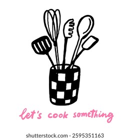 Hand drawn kitchen tools illustration, cooking utensils in checkered cup, pink handwritten text on white background. Vector template of cooking poster