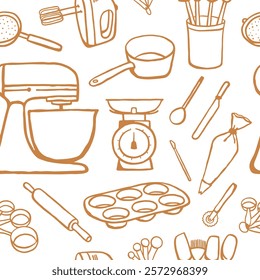 Hand drawn kitchen tools seamless pattern