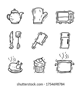 Hand drawn kitchen tools. Set of cooking utensils vector illustration with doodle and sketching style