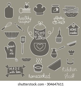 Hand drawn kitchen tools set Kitchen utensils isolated Kitchen equipment collection Kitchen doodles Kitchen silhouette Kitchen background Home made food symbols of Apron, spatula, cook hat, soup bowl