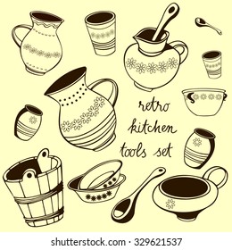 Hand drawn kitchen tools set. Retro and ethnic.