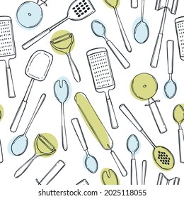Hand drawn kitchen tools.   Vector seamless  pattern