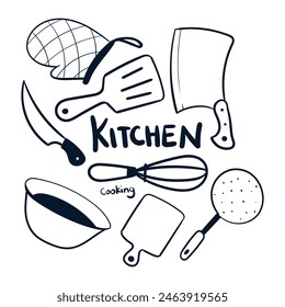 Hand drawn kitchen tools vector. Kitchen items doodles vector icon. Kitchen Tools Doodle.