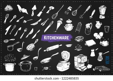Hand drawn kitchen utencils. Set of kitchenware chalk drawing style vector icons on black background. Vintage doodles for design restaurant menus and decorating cookbooks and recipes