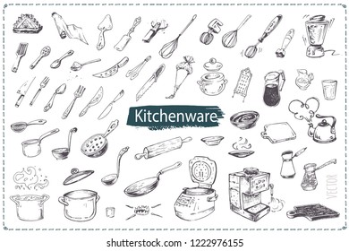 Hand drawn kitchen utencils. Set of kitchenware sketch vector icons isolated on white background. Vintage doodles for design restaurant menus and decorating cookbooks and recipes