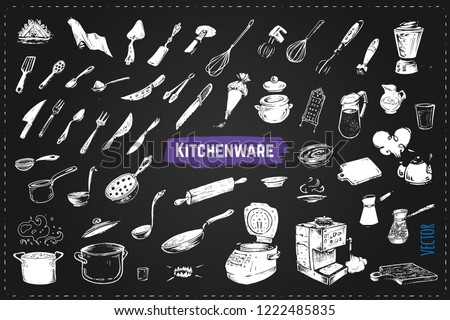 Hand drawn kitchen utencils. Set of kitchenware chalk drawing style vector icons on black background. Vintage doodles for design restaurant menus and decorating cookbooks and recipes
