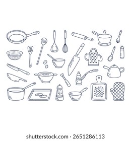 Hand drawn Kitchen Utensil Collection Blue Line Art Simple Style Cheerful Mood Baking and Cooking Tools