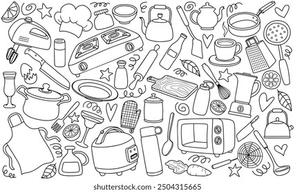 Hand drawn kitchen utensil doodle set.