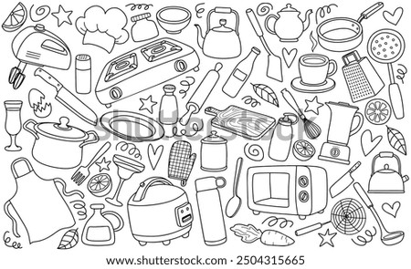 Hand drawn kitchen utensil doodle set.