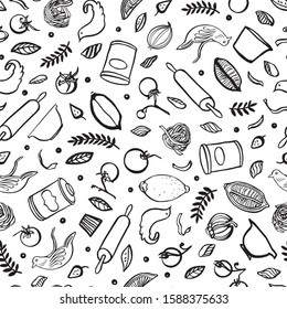 Hand drawn kitchen utensil food pattern. Seamless vector background. Black and white kitchen utensil all over print. Fabric, wallpaper, packaging, print. Hipster vintage kitchen pattern.