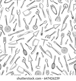 Hand drawn kitchen utensil seamless pattern. Vector illustration