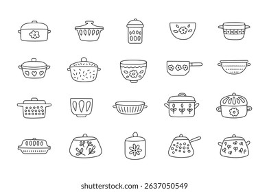 Hand drawn kitchen utensil and tableware outline line art set designed for cozy home cooking projects with elements in interior style for yours illustration and creative designs
