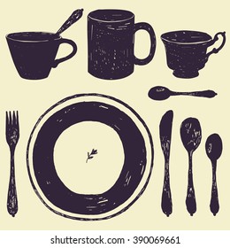 hand drawn kitchen utensils collection vector illustration