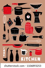 Hand drawn kitchen utensils. Colored graphic vector set. Brown background
