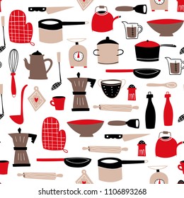 Hand drawn kitchen utensils. Colored graphic vector seamless pattern