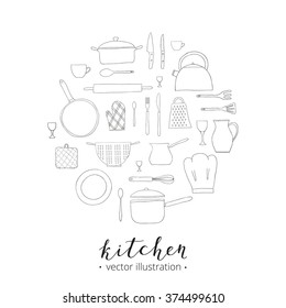 Hand drawn kitchen utensils composed in circle shape. Teapot, chef hat, spoon, spatula, knife, bowl, grater, saucepan, plate, colander, potholder.
