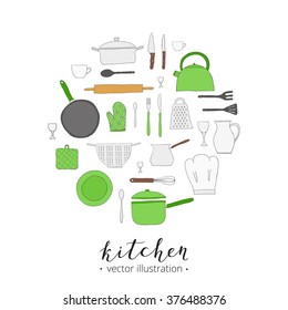 Hand drawn kitchen utensils composed in circle shape. Teapot, chef hat, spoon, spatula, knife, bowl, grater, saucepan, plate, colander, potholder.