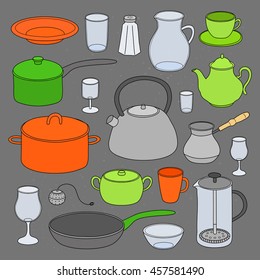 Hand drawn kitchen utensils and dishes isolated on chalkboard background.