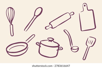 Hand drawn kitchen utensils doodles. Whisk, spoon, rolling pin, cutting board, pan, pot.