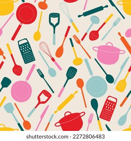 Hand drawn kitchen utensils. Flat vector doodle pot, frying pan, rolling pin, spoon, fork, knife. Seamless pattern with kitchen tools. Bright retro style. Kitchen background.