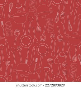 Utensilios de cocina dibujados a mano. Pozo de doodle vectorial plano, sartén, alfiler, cuchara, tenedor, cuchillo. Patrón sin inconvenientes con herramientas de cocina. Estilo retro rojo y blanco. Fondo de cocina.