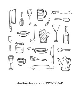 Hand drawn kitchen utensils icon set