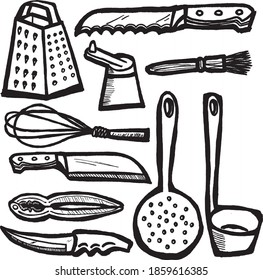 
Hand drawn kitchen utensils illustration set.